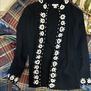 Cambridge Dry Goods Black Cardigan with White Floral Accents